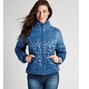GUESS ASSUNTA BLUE PAISLEY ZIP UP LONG SLEEVE OMBRE PUFFER JACKET S​​​